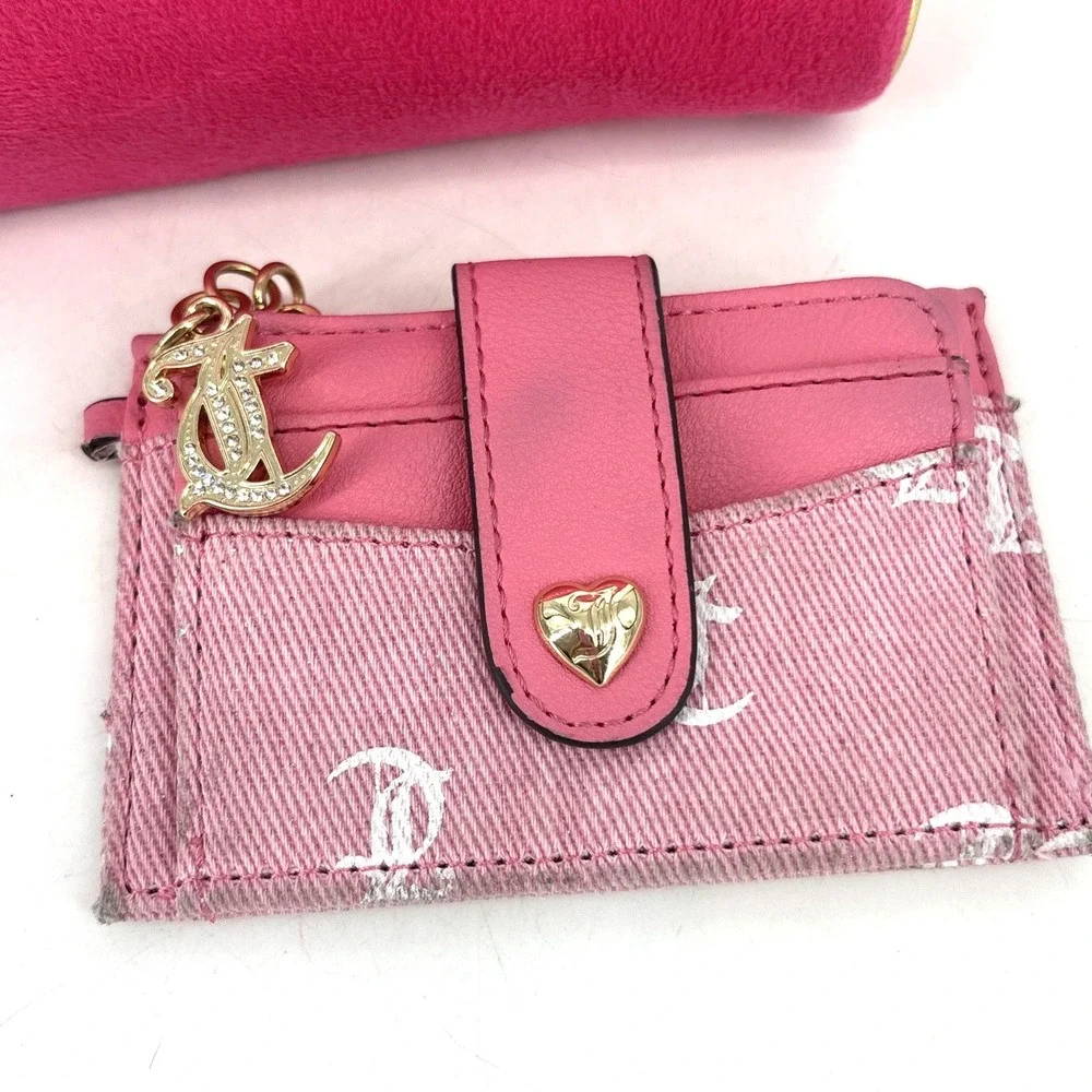 VTG Juicy Couture Pink Wallet Y2K Card Holder Logo Charm & Velour Makeup Bag